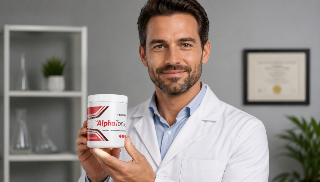 A professional male doctor or laboratory expert in a white coat holding an authentic container of Alpha Tonic powder.
