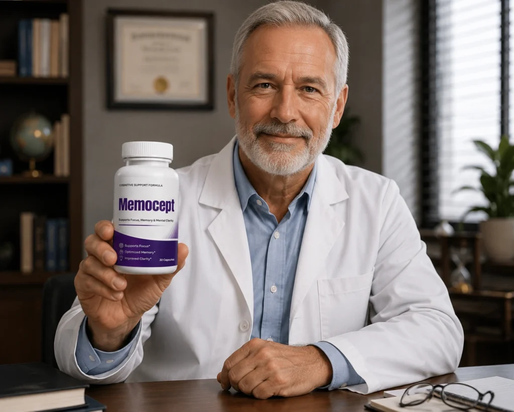 A professional male doctor in a white lab coat holding a purple bottle of Memocept cognitive support formula to validate safety.