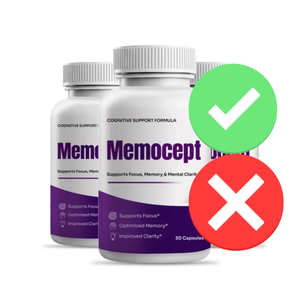 Comparison graphic showing a green checkmark on genuine Memocept bottles and a red X on unverified imitation listings.