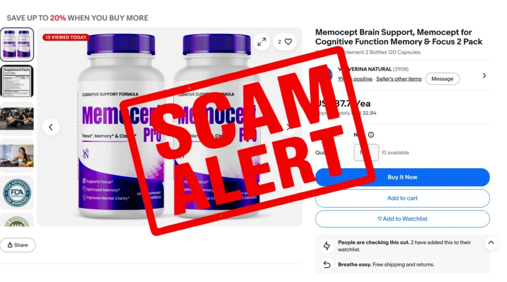 Urgent red Scam Alert stamp overlaying an unverified online marketplace store listing of Memocept bottles.