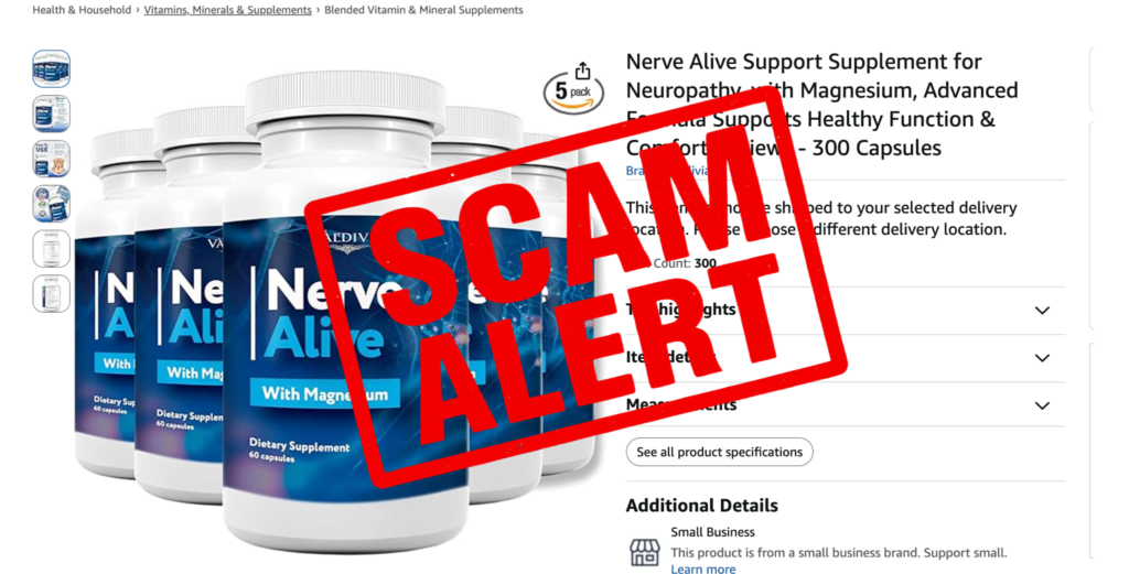 Urgent red bold Scam Alert stamp layered over an unauthorized online store listing of Nerve Alive.
