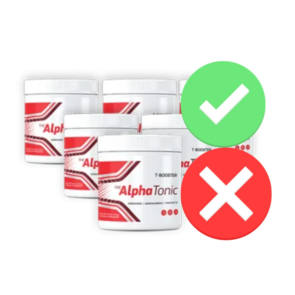 Comparison visual featuring a green checkmark on original Alpha Tonic tubs and a red cross on unauthorized fake copycats.