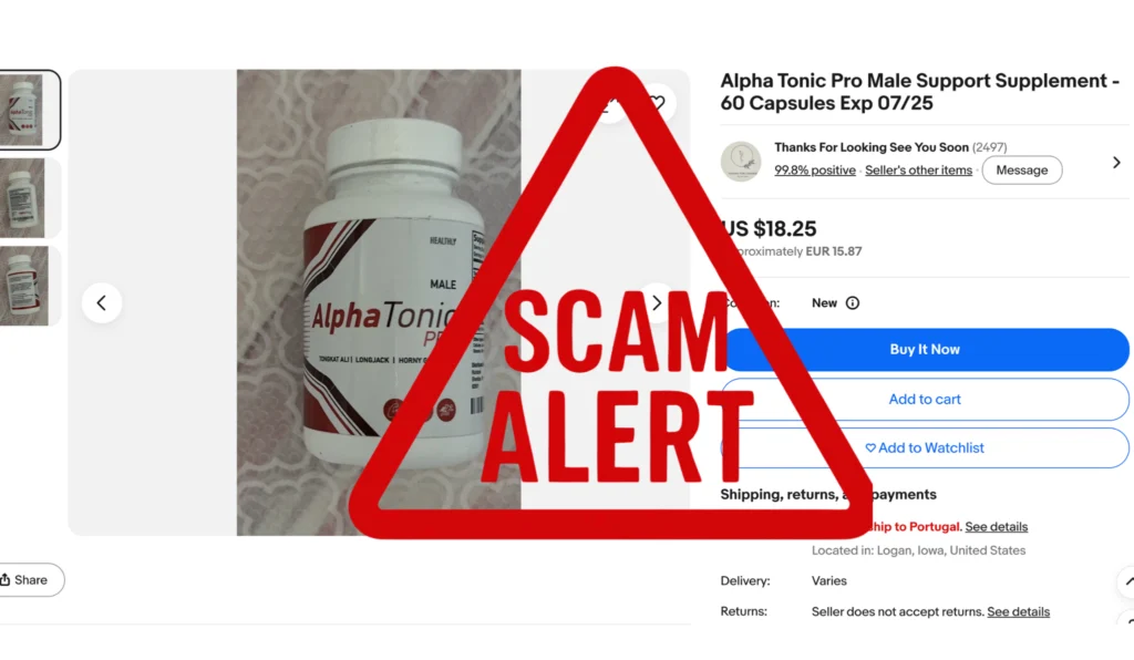 Urgent red triangular Scam Alert sign over a fake online retail marketplace listing of Alpha Tonic powder.