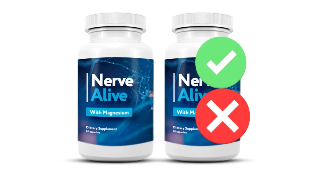 Comparison graphic showing a green checkmark next to authentic Nerve Alive bottles and a red X on unverified imitation listings.
