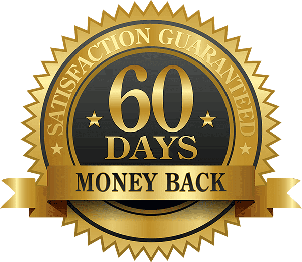 Premium gold circular metallic badge displaying 60 Days Money Back Guarantee text for risk-free purchase protection.
