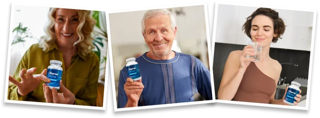 A happy mature People holding a bottle of Nerve Alive, styled inside a creative Polaroid photo frame layout.