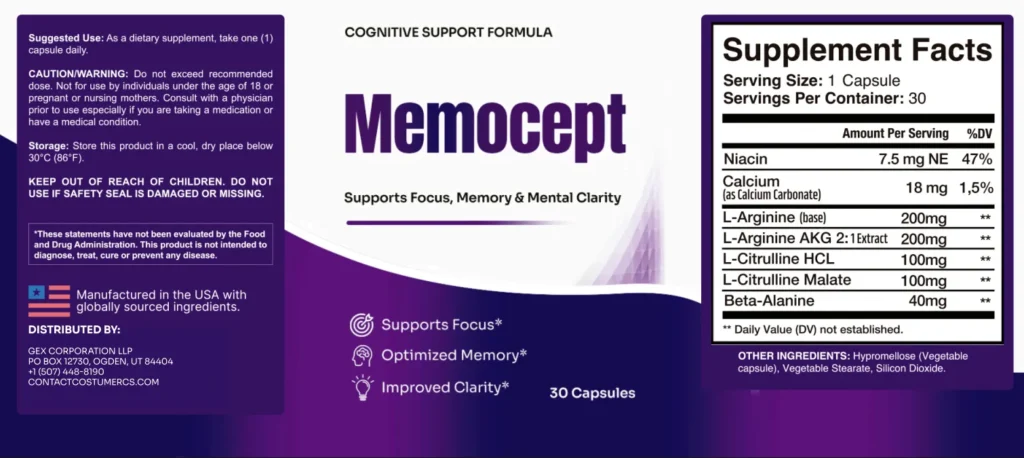 Detailed front view of the Memocept package label highlighting focus, optimized memory, and improved clarity benefits.