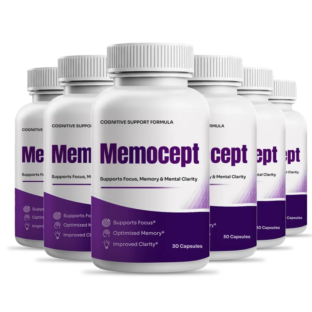 Six bottles bulk discount package of Memocept memory and focus formula arranged cleanly for a 180-day supply.