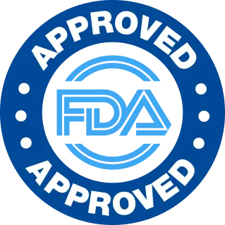 FDA Approved laboratory facility blue circular badge representing certified manufacturing safety compliance.