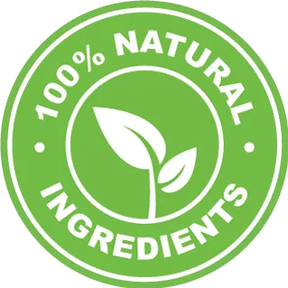 Green circular badge reading 100% Natural Ingredients with a leaf icon for organic supplement validation.