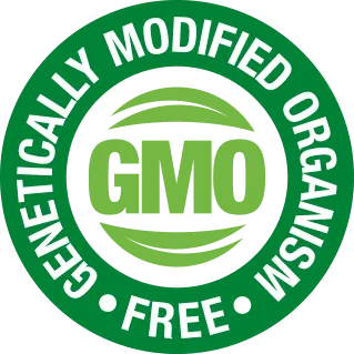 Genetically Modified Organism green circular icon indicating 100 percent Non-GMO certified ingredients.
