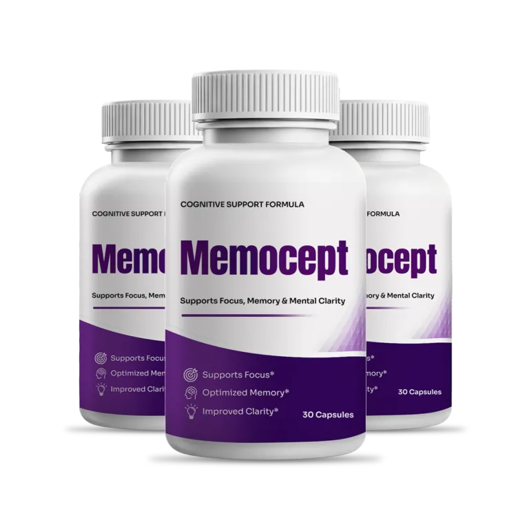 Three white bottles with purple labels of Memocept brain support formula highlighting advanced memory benefits.