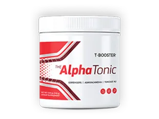 A single white tub container of The Alpha Tonic T-Booster dietary supplement powder with red brand stripes.