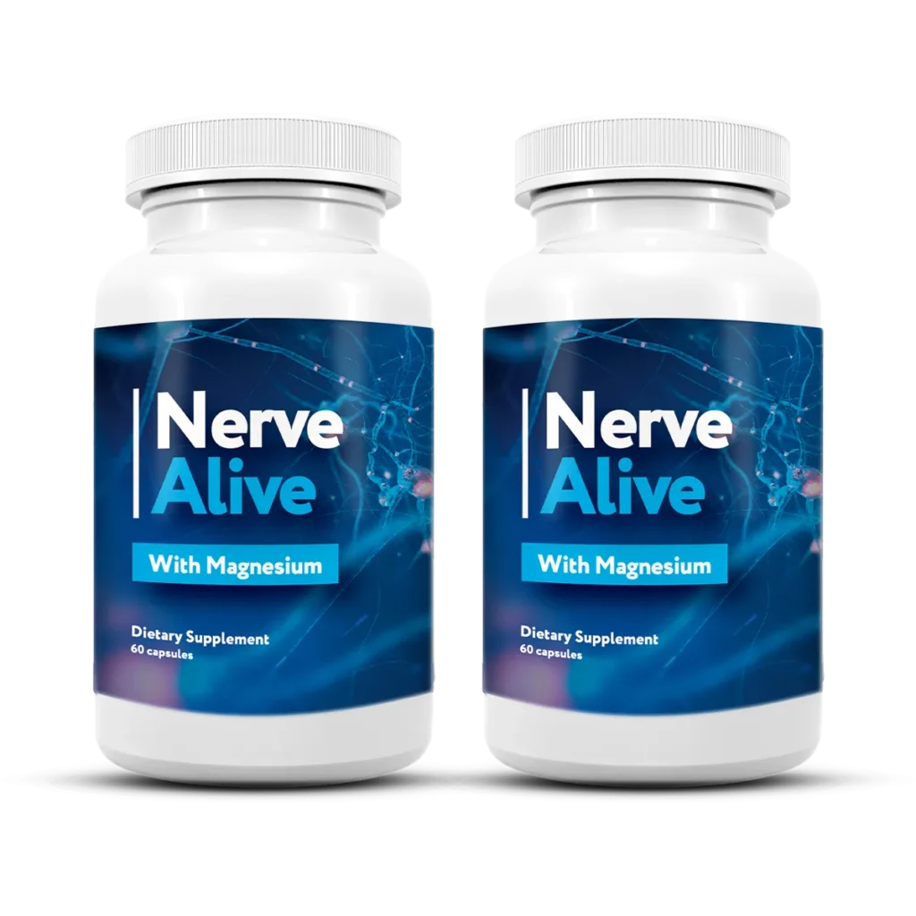Two white bottles with dark blue labels of Nerve Alive nerve support formula for a sixty-day routine supply.