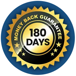 Official dark blue and gold round stamp displaying 180 Days Money Back Guarantee for risk-free purchase protection.