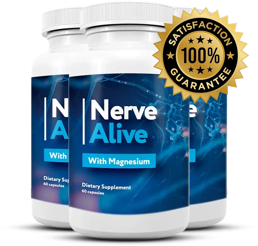 Nerve Alive supplement bottles displayed next to an official 100 percent money-back guarantee gold seal.