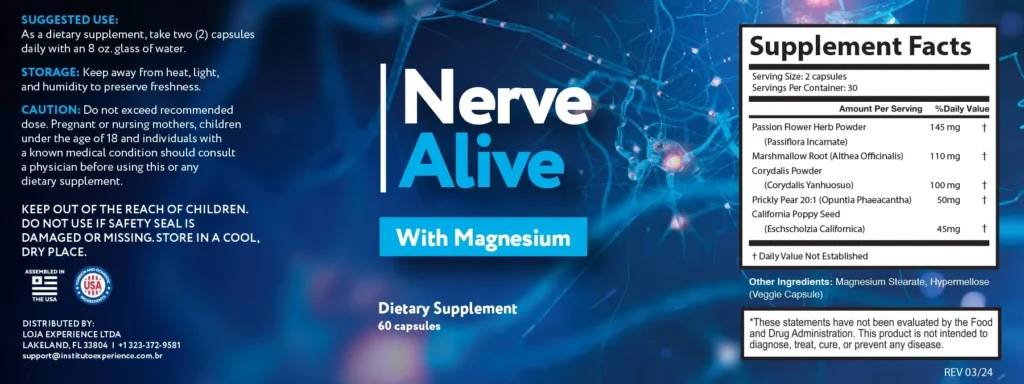 Official Nerve Alive With Magnesium brand logo text displayed over a high-tech blue neural network background.