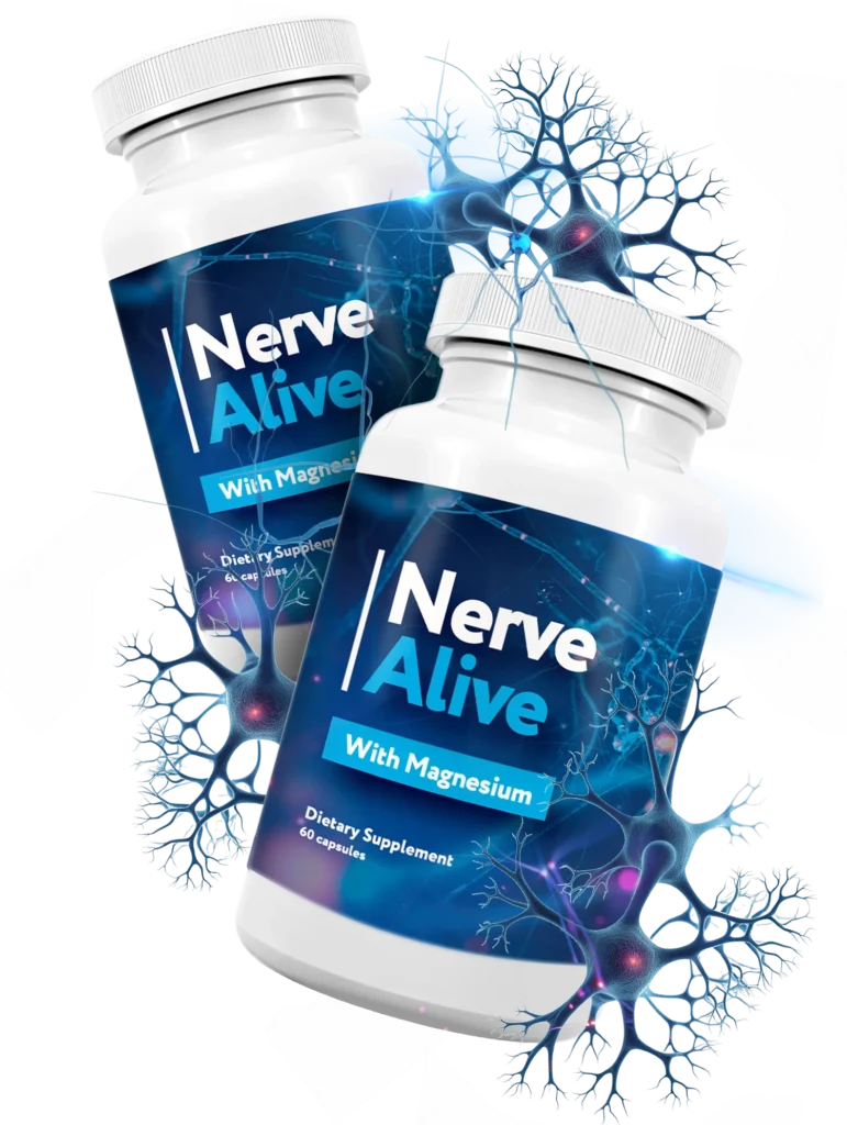 Nerve Alive supplement bottle positioned next to a scientific graphic highlighting neural pathways and brain connections.