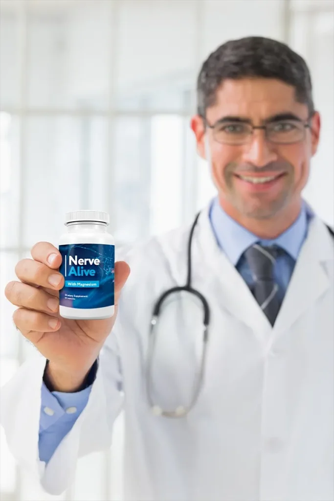 A professional male doctor in a white coat holding a bottle of Nerve Alive, validating clinical safety and ingredients.