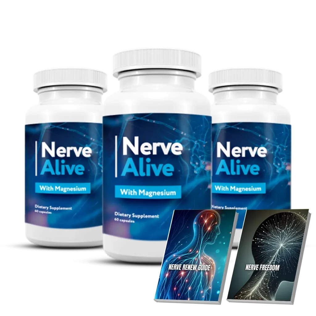 Three bottles package layout of Nerve Alive dietary supplement for a ninety-day neurological protection routine.