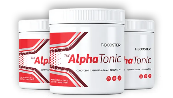 Three tubs package deal of The Alpha Tonic testosterone booster next to a golden free digital guides promotional stamp.