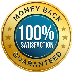 Official gold circular badge reading Money Back 100 percent Satisfaction Guaranteed for risk-free purchase protection.